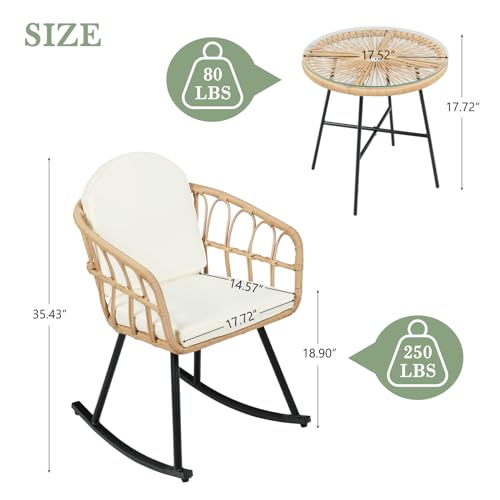 3 Pieces Rocking Chairs Set - Outdoor Wicker Rattan Rocking Chairs with Thickened Cushions, Boho Patio Furniture, Patio Conversation Bistro Sets, for Balcony Garden Porch Living Room