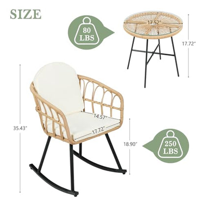 3 Pieces Rocking Chairs Set - Outdoor Wicker Rattan Rocking Chairs with Thickened Cushions, Boho Patio Furniture, Patio Conversation Bistro Sets, for Balcony Garden Porch Living Room