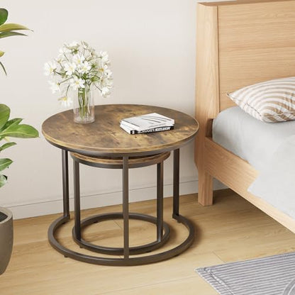 Nesting Coffee Table Set of 2, 23.6" Round Coffee Table Rustic Wood Top with Adjustable Non-Slip Feet, Industrial End Table Side Tables for Living Room Bedroom Balcony Yard