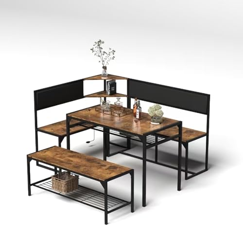 3-Piece Corner Dining Table Set for 4-6, Industrial Kitchen Table and Chair Sets with Storage & Bench, Farmhouse Rectangle Tables & L-shaped Seat for Living Room Breakfast Nook Restaurant, Brown
