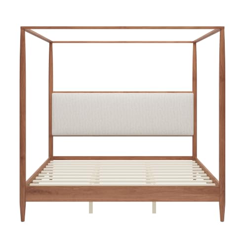 King 4-Poster Wood Canopy Bed with Boucle Headboard, Walnut, view 5