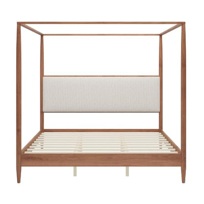 King 4-Poster Wood Canopy Bed with Boucle Headboard, Walnut, view 5