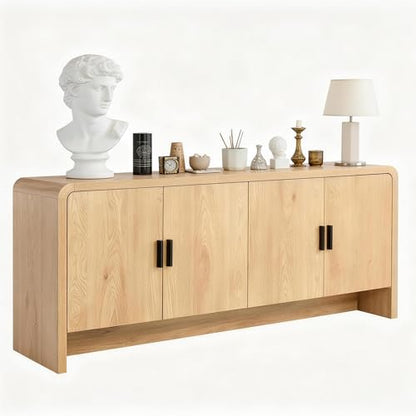 68'' Sideboard Buffet Cabinet with Storage, Curved Design Credenza Storage Cabinet with 4 Doors, Console Cabinet for Kitchen, Living Room & Hallway, Natural