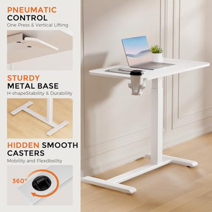Small Standing Desk with Hidden Wheels, Pneumatic Mobile Rolling Laptop Desk, Adjustable Height Overbed Bedside Table Computer Workstation for Home Office (32" W x 16" D, White)