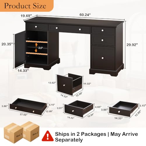 Black Executive Desk with Drawers, 60" Office Desk with Storage, view 3