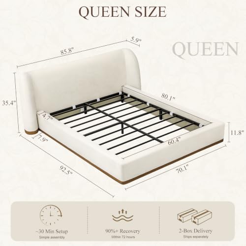 Queen Upholstered Cloud Bed Frame with Sculpted Wingback Headboard, view 3