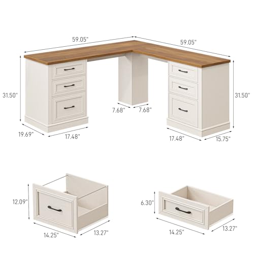 Farmhouse 59" L-Shaped Executive Desk with File Drawer,Unique White, view 3