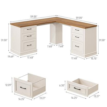Farmhouse 59" L-Shaped Executive Desk with File Drawer,Unique White, view 3