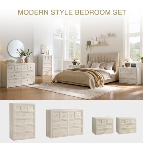3 Piece Bedroom Set - Includes 6 Drawer Dresser and 3 Drawer King Size Nightstands Set of 2 with Charging Station, 3 Piece Farmhouse Dresser and Nightstand Sets,Grey White