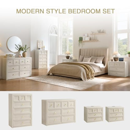 3 Piece Bedroom Set - Includes 6 Drawer Dresser and 3 Drawer King Size Nightstands Set of 2 with Charging Station, 3 Piece Farmhouse Dresser and Nightstand Sets,Grey White