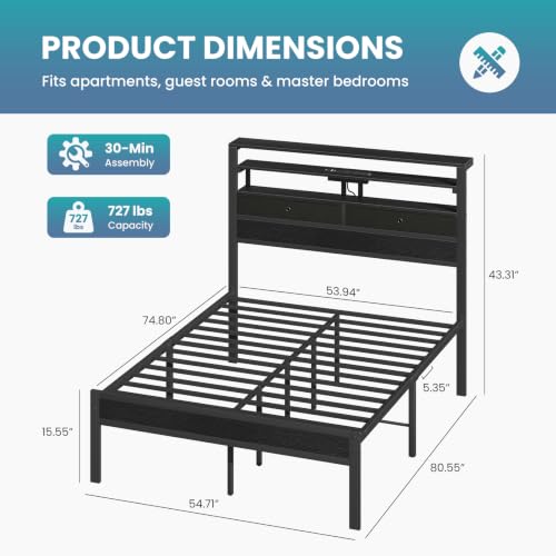 Full Bed Frame with Storage, LED Lights and Charging Station, view 3