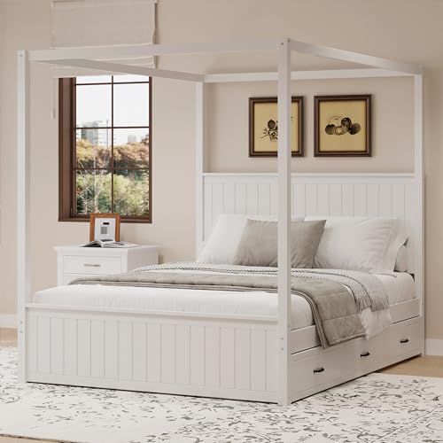 Queen Size Canopy Bed with Trundle and 3 Storage Drawers, view 2