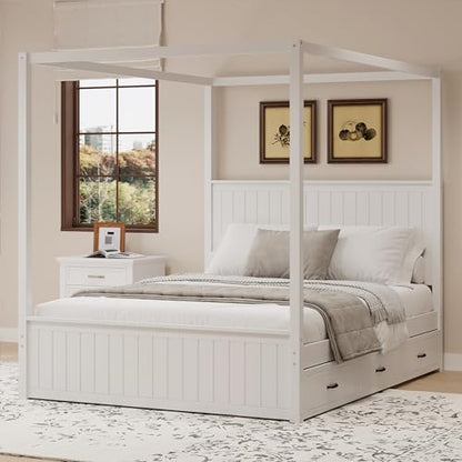 Queen Size Canopy Bed with Trundle and 3 Storage Drawers, view 2