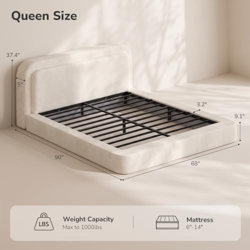 Upholstered Cloud Bed Frame Queen with Plush Padded Headboard, Beige, view 3