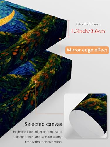 NuYeBiofx Abstract Moon Night Valley Forest Canvas Wall Art Prints,48"x32" Framed Picture Artwork Mystical Impressionist Art Printed Canvas Oil Painting for Living Room Bedroom Office,Ready to Hang