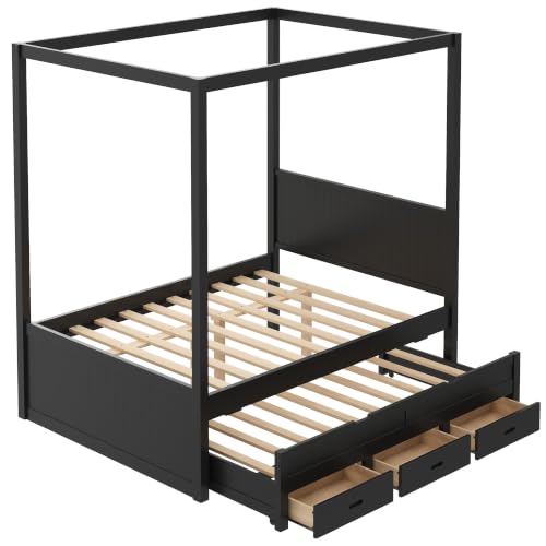 Full Size Farmhouse Canopy Bed with Storage Drawers and Trundle, view 6