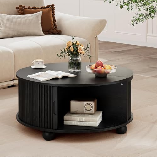 Fluted Round Coffee Tables,31.5" Mid Century Modern Circle Drum Table with Storage, Accent Coffee Table with Sliding Cabinet Door for Living Room Small Space (Black)