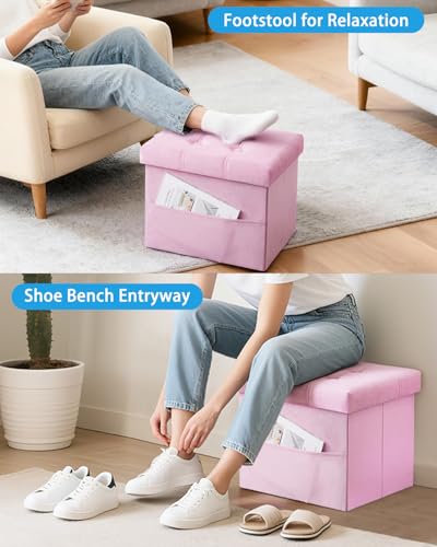 Storage Ottoman Foot Stool, 17 inches Folding Ottoman with Storages, Velvet Storage Bench with Side Pocket, Foot Rest for Living Room, Bedroom (Pink)