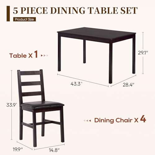| 5-Piece Solid Wood Dining Table Set for 4 | Brown | Space-Saving Design | Smooth Easy-to-Clean Surface | Pine Kitchen Table with Upholstered Chairs | for Dining Room, Apartment, Restaurant