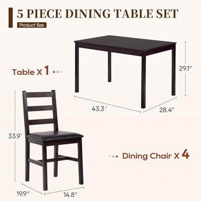 | 5-Piece Solid Wood Dining Table Set for 4 | Brown | Space-Saving Design | Smooth Easy-to-Clean Surface | Pine Kitchen Table with Upholstered Chairs | for Dining Room, Apartment, Restaurant