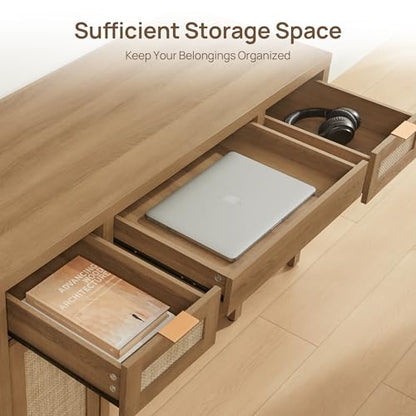 52" Rattan Home Office Desk with 3 Drawers: Boho Executive Desk with 2 Storage Cabinets, Large Computer Writing Table for Study, Office, Living Room