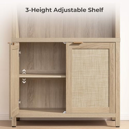 84.2" Tall Arched Bookcase with Doors - 5 Tier Rattan Bookshelf, view 6
