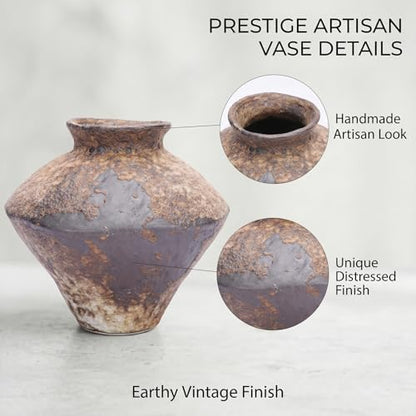 Small Stone Vase for Rustic Home Decor, Farmhouse Antique Pottery Vase Furniture&Table Flower Decorative, Round Terracotta Vases for Living Room Decor, Modern Rustic Concrete Clay Art Vases