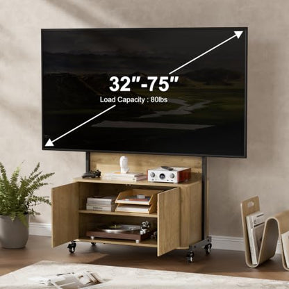 Rolling TV Stand with Mount for 32-75 Inch, Wood, view 5