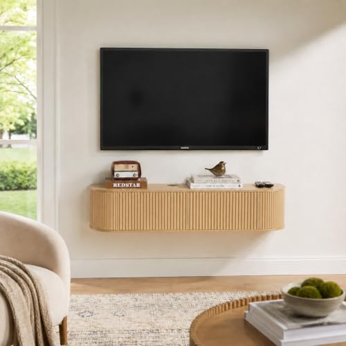 55" Fluted Floating TV Stand, Wall-Mounted Media Console (Natural), view 2