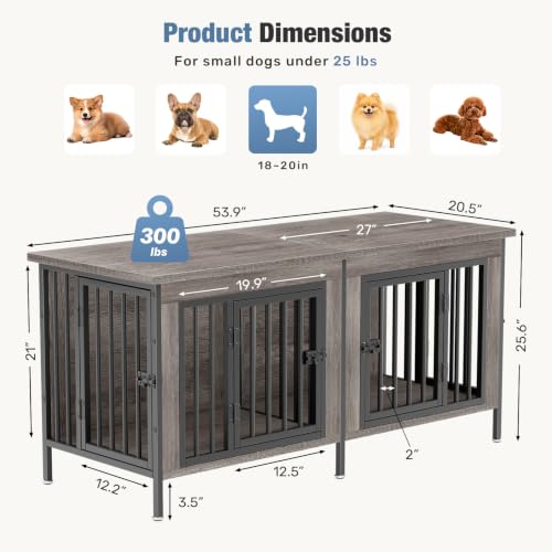 54" Dog Crate Furniture for 2 Dogs with Divider, Gray Wood Grain, view 7