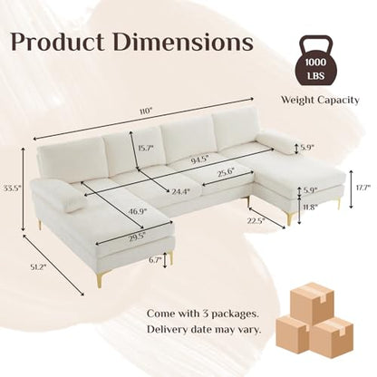 110" Sectional Sofa U-Shaped 4-Seat Couch, Beige | Double Chaise, Chenille Fabric Upholstered, Metal Legs, Room Divider, For Living Room, Apartment, Office, Studio