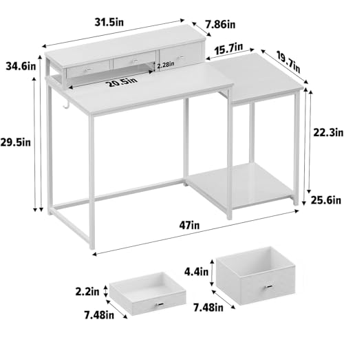 47 inch Computer Desk with Printer Shelf, Gaming Desk with Monitor Stand and Drawers, Reversible Home Office Desk with Storage Shelves and 2 Hooks, Home Workstation for Study Writing, White