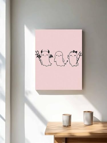 NuYeBiofx Spooky Halloween Ghost on Pink Canvas Wall Art Prints,30"x20" Framed Picture Artwork Cute Black Sketch Printed Canvas Oil Painting for Living Room Bedroom Office,Ready to Hang