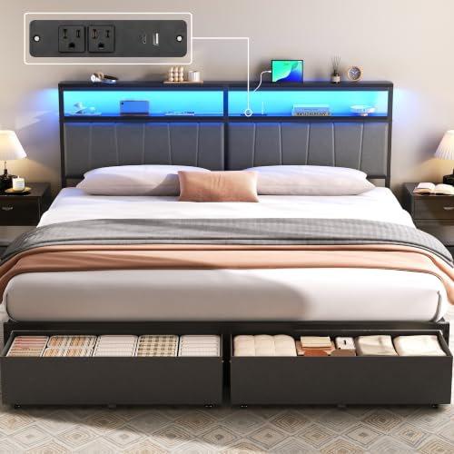 King Bed Frame with Storage Drawers and Charging Station, Grey, view 2