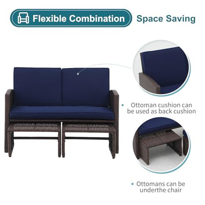 Outdoor Loveseat 3 Piece Patio Furniture Set Outdoor Conversation Set All-Weather Wicker Love Seat with Ottoman/Side Table, Brown Rattan, Blue