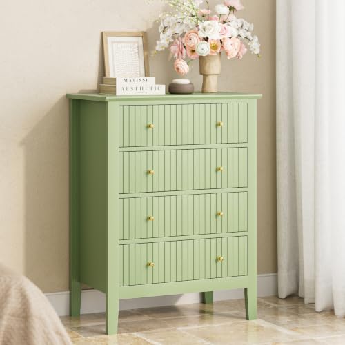 Night Stand, Fluted 4 Drawer Wide Farmhouse Nightstand with Gold Handle, view 2