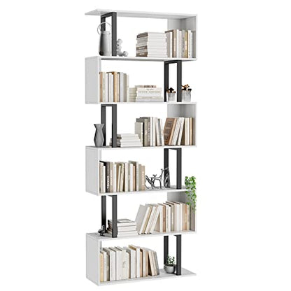 6 Tier Geometric Bookcase,S Shaped Bookshelf, Wood Decorative Storage Shelving, Modern Freestanding Display Shelves, Tall Book Shelf Unit for Living Room Bedroom, White