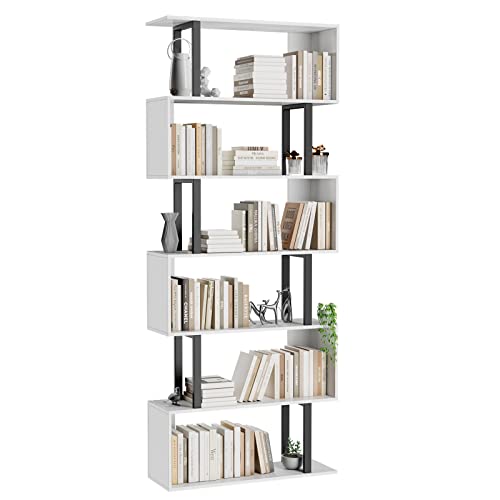 6 Tier Geometric Bookcase,S Shaped Bookshelf, Wood Decorative Storage Shelving, Modern Freestanding Display Shelves, Tall Book Shelf Unit for Living Room Bedroom, White