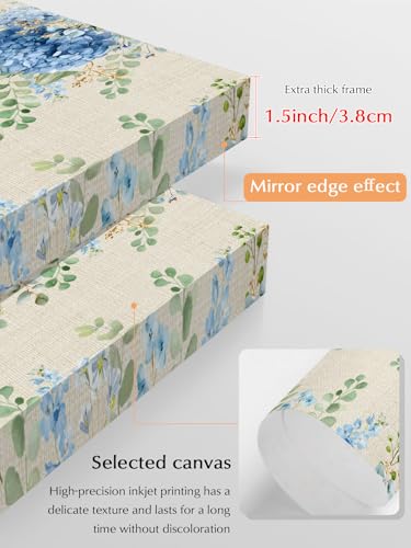 NuYeBiofx Blue Hydrangea Farm Eucalyptus Canvas Wall Art Prints,48"x32" Framed Picture Artwork Vintage Linen Texture Printed Canvas Oil Painting for Living Room Bedroom Office,Ready to Hang