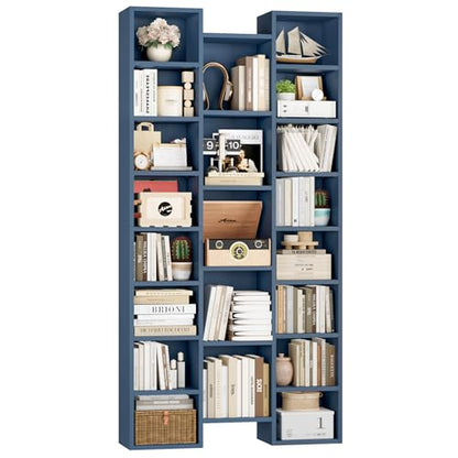 71'' Tall Bookshelf with 21 Cubes, 8 Tier Triple Wide Bookshelf with 8 Adjustable Shelves, 35" Large Bookcase DVD/CD Media Tower Storage, Freestanding Display Shelf Cabinet, Blue