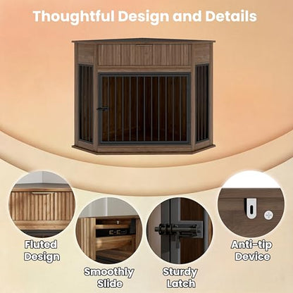 Corner Dog Crate Furniture with Fluted Drawer,Dog Kennel End Table (Walnut), view 5
