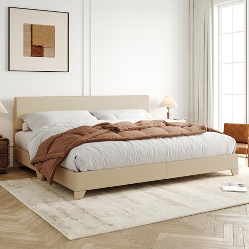 King Size Upholstered Bed Frame Adjustable Headboard, Beige, view 2