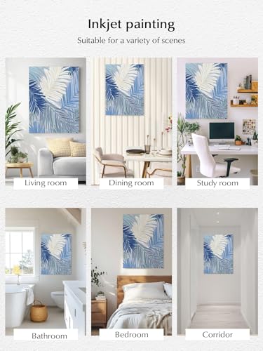 NuYeBiofx Watercolor Blue White Banana Palm Leaf Canvas Wall Art Prints,48"x32" Framed Picture Artwork Farm Tropical Leaves Printed Canvas Oil Painting for Living Room Bedroom Office,Ready to Hang
