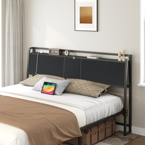 Headboard Queen Size with 2 Power Strips and Flip Door Storage, view 2