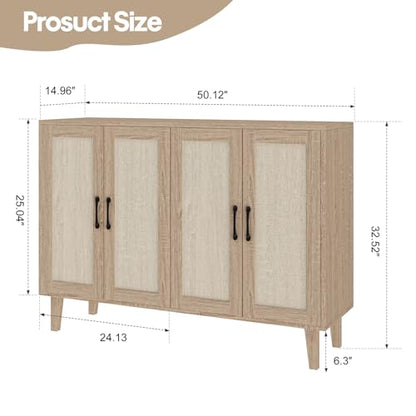 Buffet Storage Cabinet with Rattan Decorating 4 Doors Living Room Kitchen Sideboard 48.43 x 34.65 x 15 inch (Natural Wood)