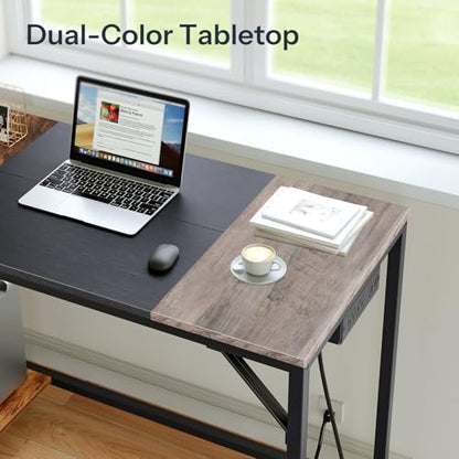 Small Computer Desk, Home Office Desk with Power Outlet, Writing Desk with 2 Shelves, Modern Small Desk for Home Office, Study, Easy to Assemble, Charcoal Gray and Black BG43UDN01