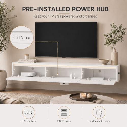 69" Fluted Floating TV Stand Wall Mounted with LED Power Outlets White, view 5