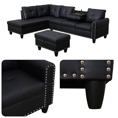97.5" L Shaped Couch Set, Modular Sectional Couches for Living Room with Storage Ottoman, 4 Seat Home Sofa Living Room Furniture Sets with Chaise for Apartment Office (Leather, Black)