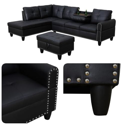 97.5" L Shaped Couch Set, Modular Sectional Couches for Living Room with Storage Ottoman, 4 Seat Home Sofa Living Room Furniture Sets with Chaise for Apartment Office (Leather, Black)