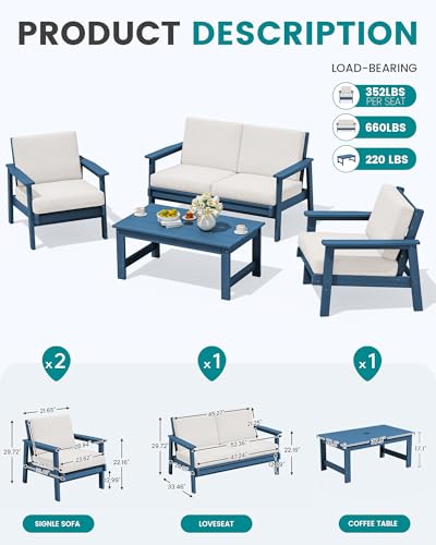 HDPE Outdoor Furniture Set 4, All Weather Patio Sectional Couch | Havy-duty Weatherproof HDPE Frame with Wood-Like Texture, Splash-proof Thick Cushions, Blue Frame and Khaki Cushions